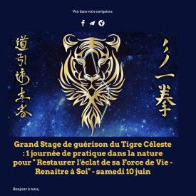 Stage du 10 juin 2023  : Grand Stage de guérison du Tigre Céleste : 1 journée de pratique dans la nature pour ” Restaurer l’éclat de sa Force de Vie -Renaitre à Soi”